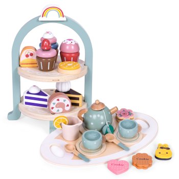 ECOTOYS Wooden Tea Party Set for Kids with Play Food Cakes and Tray
