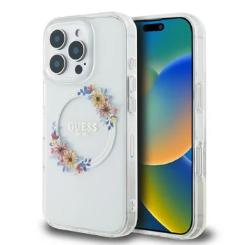 Guess iPhone 16 Pro Case IML Flowers Wreath MagSafe, Clear