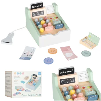 Wooden Toy Cash Register for Kids with Card Terminal and Scanner
