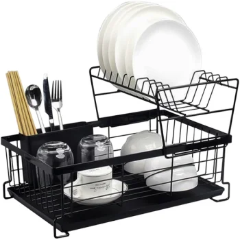 Two-Tier Dish Drying Rack Ruhhy with Cutlery Holder and Drip Tray, 43 x 29 x 27 cm, Black