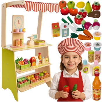 Kruzzel 00024888 Wooden Toy Shop Stand with Accessories for Kids