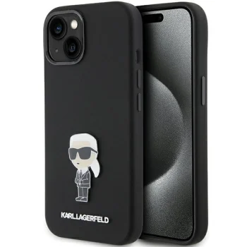 Karl Lagerfeld Silicone Ikonik Metal Pin Case for iPhone 15 Plus / 14 Plus, Black