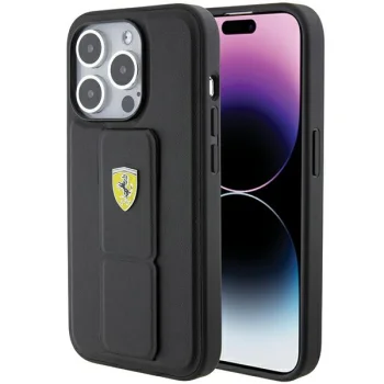 Ferrari iPhone 15 Pro Max Case Grip Stand Metal Logo, Black