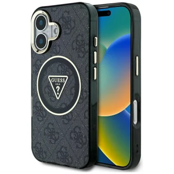 Guess IML Metal Glitter 4G Circle Triangle MagSafe Case for iPhone 16, Black