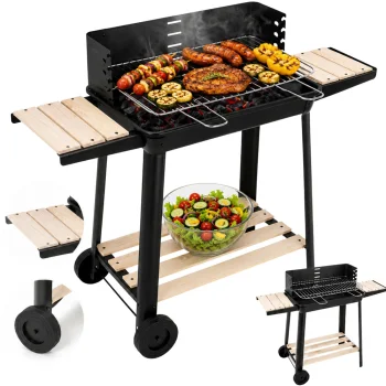 Large Portable Charcoal BBQ Grill with Adjustable Grate and Shelves