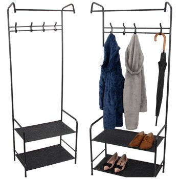Standing Garment Rack with Coat Hooks and 2 Shoe Shelves