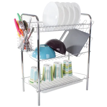 Three-Tier Dish Drainer with Utensil Holders, Silver