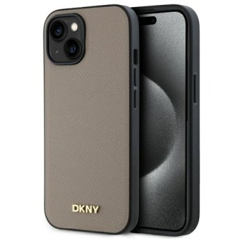 DKNY Grained Metal Logo MagSafe Case for iPhone 15 - Beige