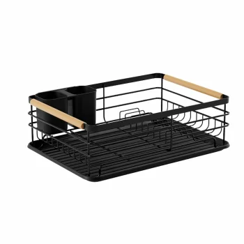 Dish Drainer Rack with Drip Tray and Wooden Handles, Black