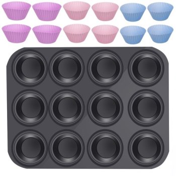 Teflon Mold Muffin Cupcake Baking Dish + 12 Silicone Molds