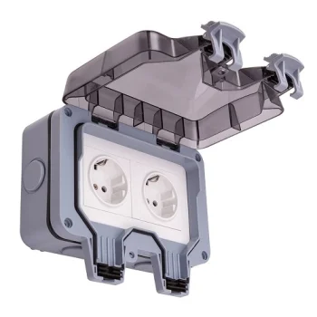 Weatherproof 2-Gang Switched Socket, IP66, 16A, 250V, EU Schuko