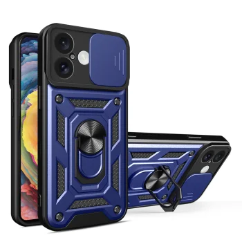 Hybrid Armor Camshield dėklas iPhone 16 su kameros dangteliu ir stovu, mėlynas