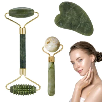 3-in-1 Jade Face Massager Set with Roller and Gua Sha, Green