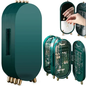 Foldable Jewelry Organizer with Mirror, Green