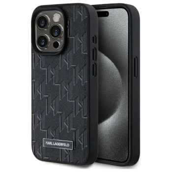Karl Lagerfeld iPhone 15 Pro Case Leather Monogram Metal Logo MagSafe, Black