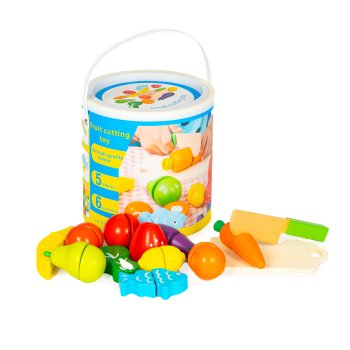 Wooden Cutting Play Food Set Fruits and Vegetables with Bucket, 13 Pieces