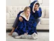 Oversized Blanket Hoodie with Pocket Blue Plaid