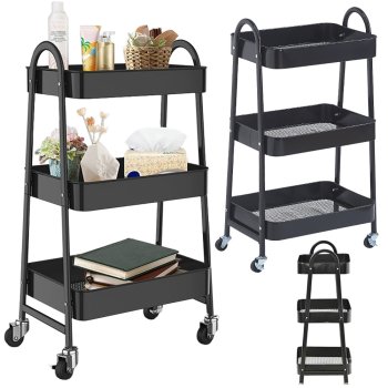 3-Tier Metal Utility Cart on Wheels, Rolling Storage Shelf, Black