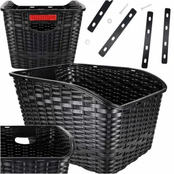 Rear Rack Bicycle Basket, Rattan-Style with Reflector, 18 L, Black