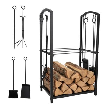 Indoor Firewood Rack with 4 Fireplace Tools Metal Log Holder Stand, Black