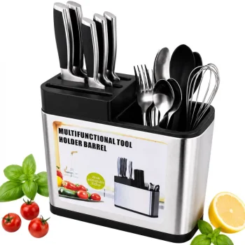 Kitchen Organizer for Knives and Cutlery with Drainer, 18 x 8.5 x 15 cm, Black/Silver