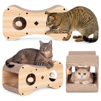 Картонный когтеточка-домик для кошки с подвесными помпонами Petsi