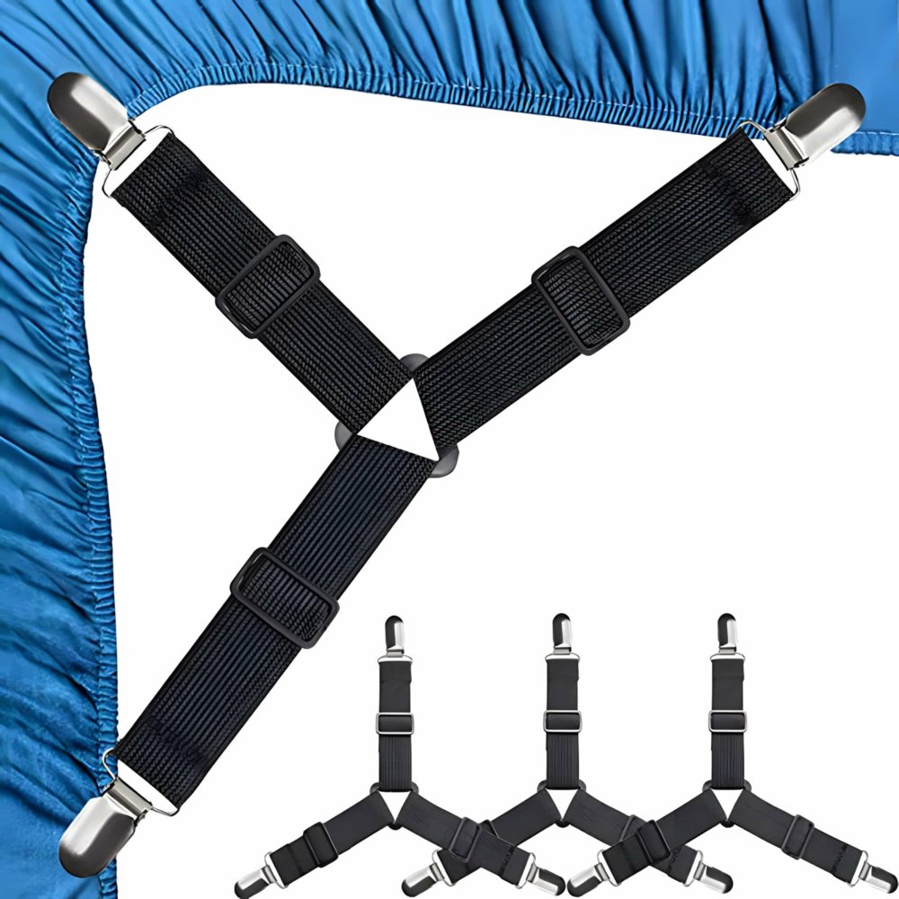 Adjustable Bed Sheet Fasteners with Clips, Set of 4, Black (1)