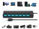 USB centrmezgls ar 7 USB 2.0 portiem, ar slēdžiem, melns