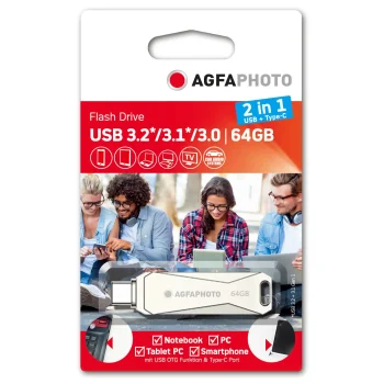 USB Flash Drive AgfaPhoto 2in1 64GB USB-C OTG, Silver