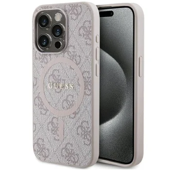 Guess iPhone 14 Pro Max Case 4G Collection Leather Metal Logo MagSafe, Pink