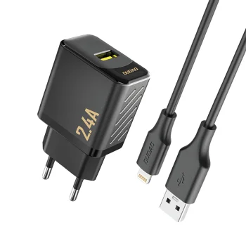 Dudao A23LEU 2.4A GaN USB-A Wall Charger with USB-A to Lightning Cable - Black