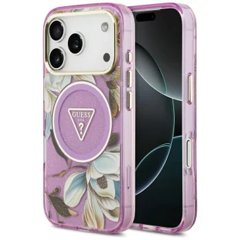 Guess IML Glitter Flowers Triangle MagSafe Phone Case Cover iPhone 17 Pro Max - Purple