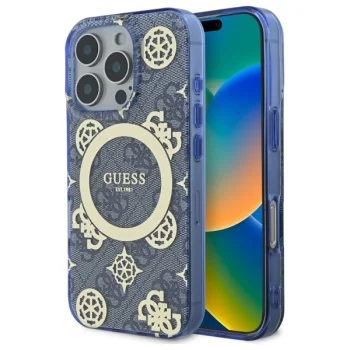 Guess iPhone 16 Pro Max Case IML Peony On 4G Background MagSafe, Blue