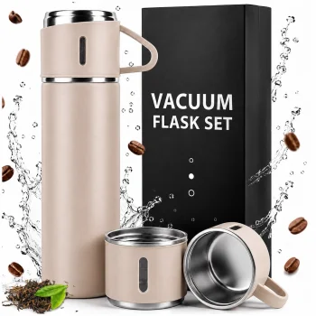Stainless Steel Thermos Set 500 ml with 3 Cups, Pink