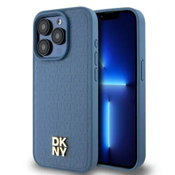 DKNY iPhone 15 Pro Case Leather Monogram Pattern Metal Logo MagSafe, Blue
