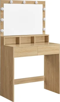 Large Makeup Vanity Table with Lighted Mirror and Drawers, Sonoma Oak