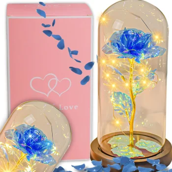 Eternal Rose in Glass Dome with LED Light, Gold/Blue