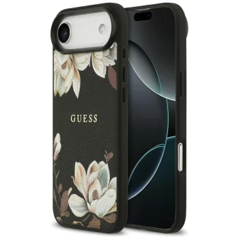 Guess Grained Flowers Classic Logo MagSafe Case for iPhone Air, Black