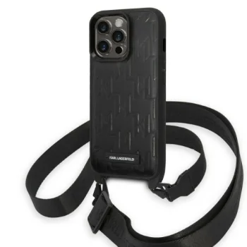 Karl Lagerfeld iPhone 14 Pro Case with Strap Monogram Plaque Logo Black