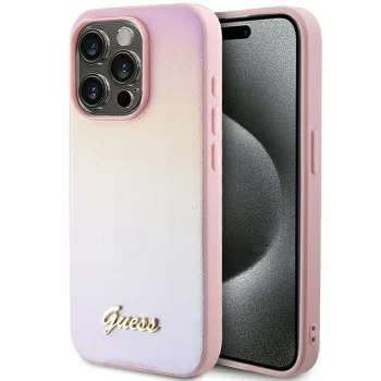 Guess iPhone 15 Pro Case Saffiano Iridescent Script, Pink