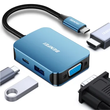 Benfei 4-in-1 USB-C Hub Adapter with 4K HDMI, VGA, USB-A and USB-C, Blue