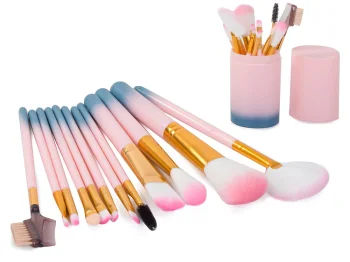 Professional Makeup Brush Set, 12 pcs, with Case, Pink/Blue