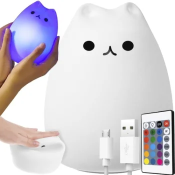 Kids Bedside Table LED Lamp Night Light with Remote USB RGB, Cat