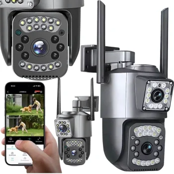 Dual Lens Outdoor Rotating IP Security Camera 4G RJ45 6MP Black