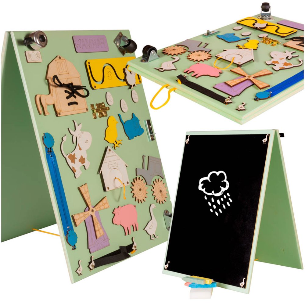 Double-Sided Wooden Farm Busy Board with Chalkboard, 28x37.5x50 cm, green (0)