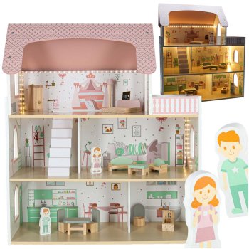 LULILO Peonio Wooden Dollhouse 70cm with Furniture and LED Lights, Pink