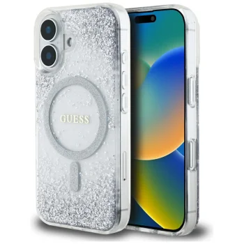 Guess HC Resin Bottom Glitter MagSafe Case for iPhone 16, Silver