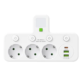 3-socket plug adapter with 2 USB ports, USB-C and night light