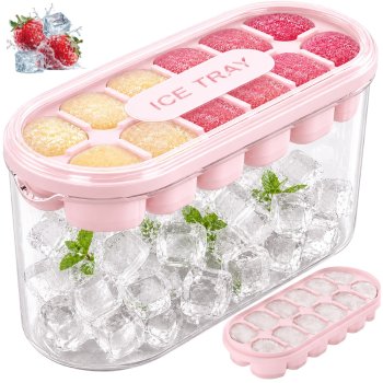 Silicone Ice Cube Tray with Container and Lid, 12 Cubes, Pink