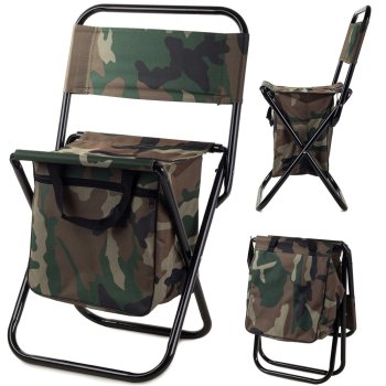 Folding fishing and camping chair with backrest and bag, camouflage